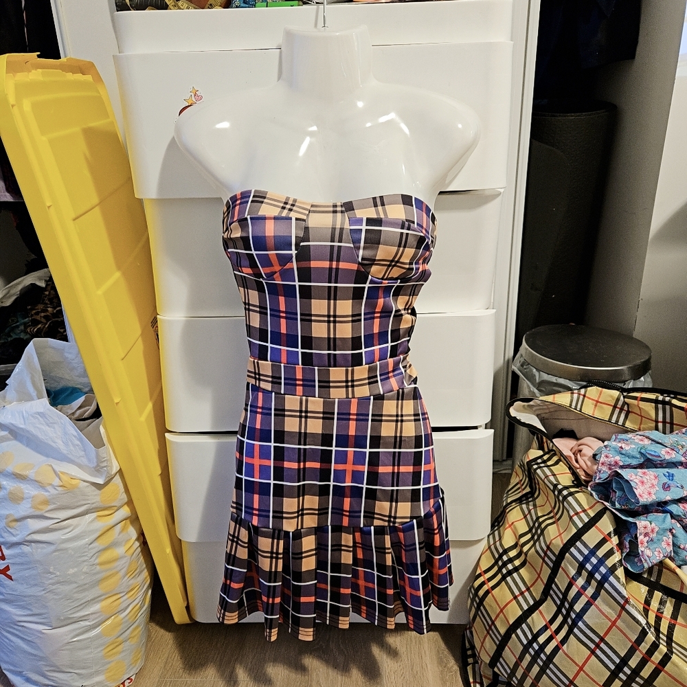 VW Style Purple/Yellow Plaid Strapless Dress